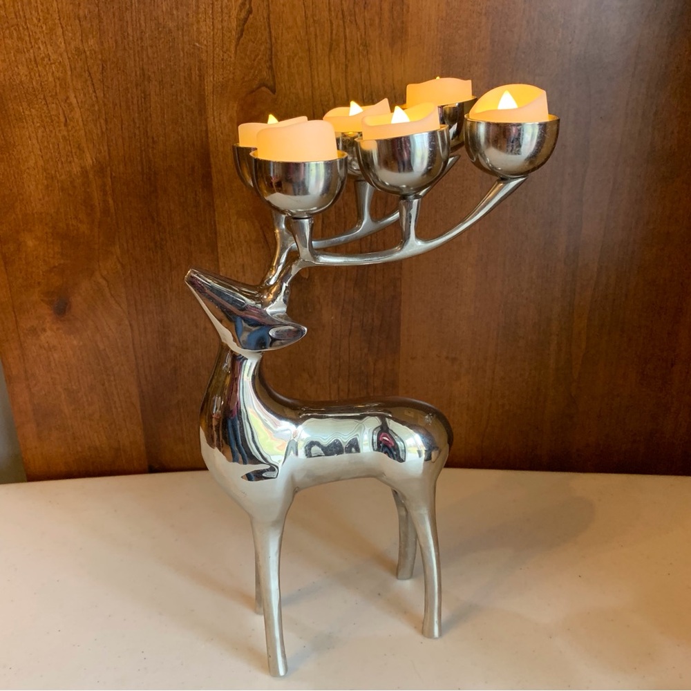 Chrome Reindeer Candle Holder Silver Metal Deer Votive Candelabra 
w/6 votives